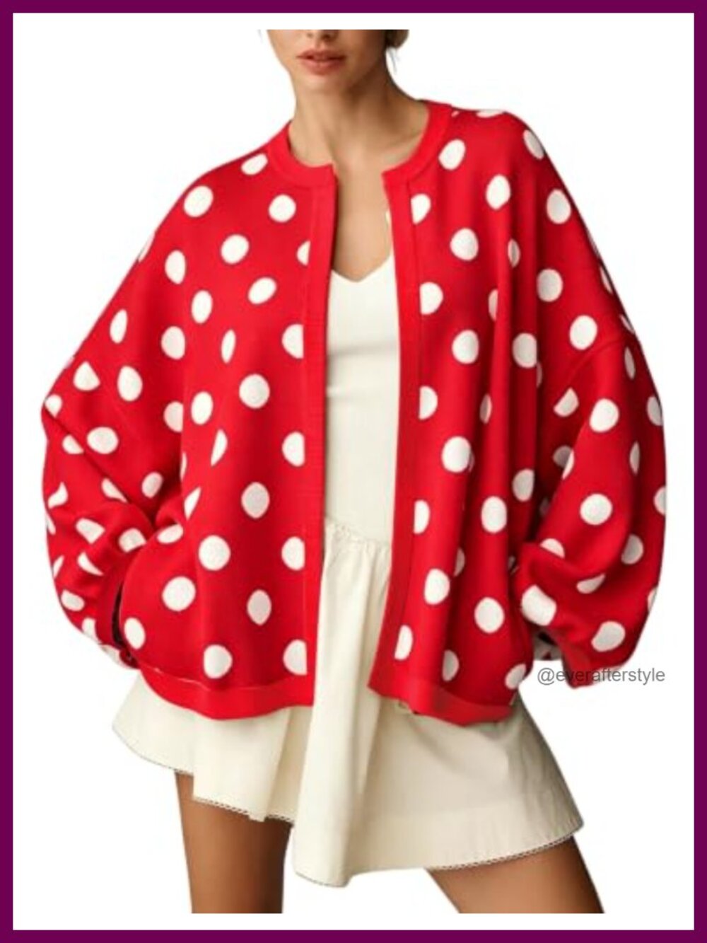 Open Front Polka Dot Balloon Sleeve Knit Cardigan